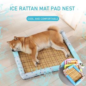 Breathable Pet Puppy Cooling Mat Bed Summer Protection Cervical Spine  Dog Ice Mat Square Rattan Kennel Supplies (Color: Blue)